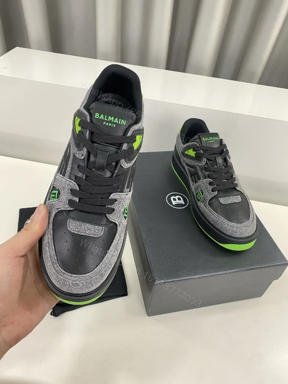View 9 of Dynamic Gray Knit-Top Sneakers with Neon Accent Details