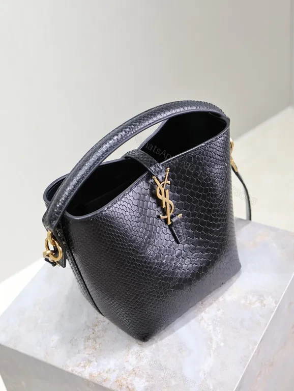 View 8 of Chic Black Snakeskin Bucket Bag with Gold Hardware - Luxury