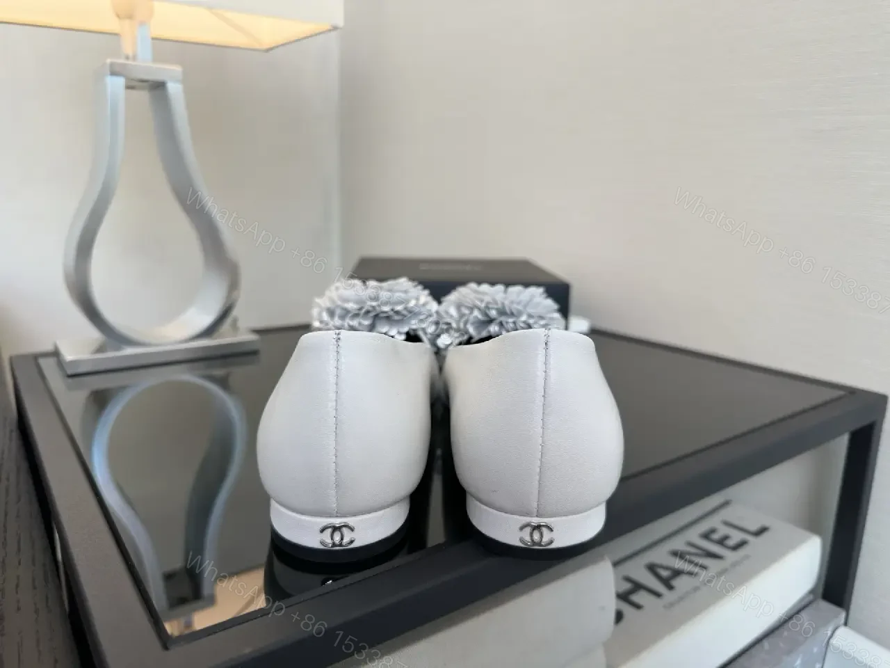 View 5 of White Leather Flats with Crochet Pom Floral—Chic Pointed-Toe Pumps