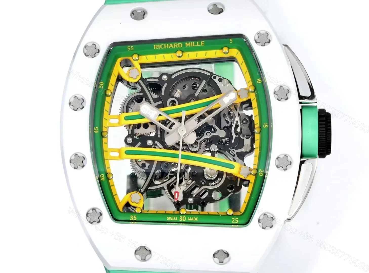 View 6 of Richard Mille RM61-01 Watch TZP-N Zirconia Ceramic NTPT Carbon Fiber Skeleton Dial RMUL2 Manual Winding Movement Yellow Green Suspended Bridge Luxury Sports Watch RM61-01-TZP-YGB-SK