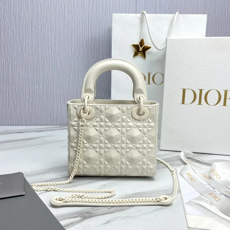 View 3 of Creamy Quilted Faux Dior Handbag - Chain Strap, D&I Charms - Elegant Crossbody