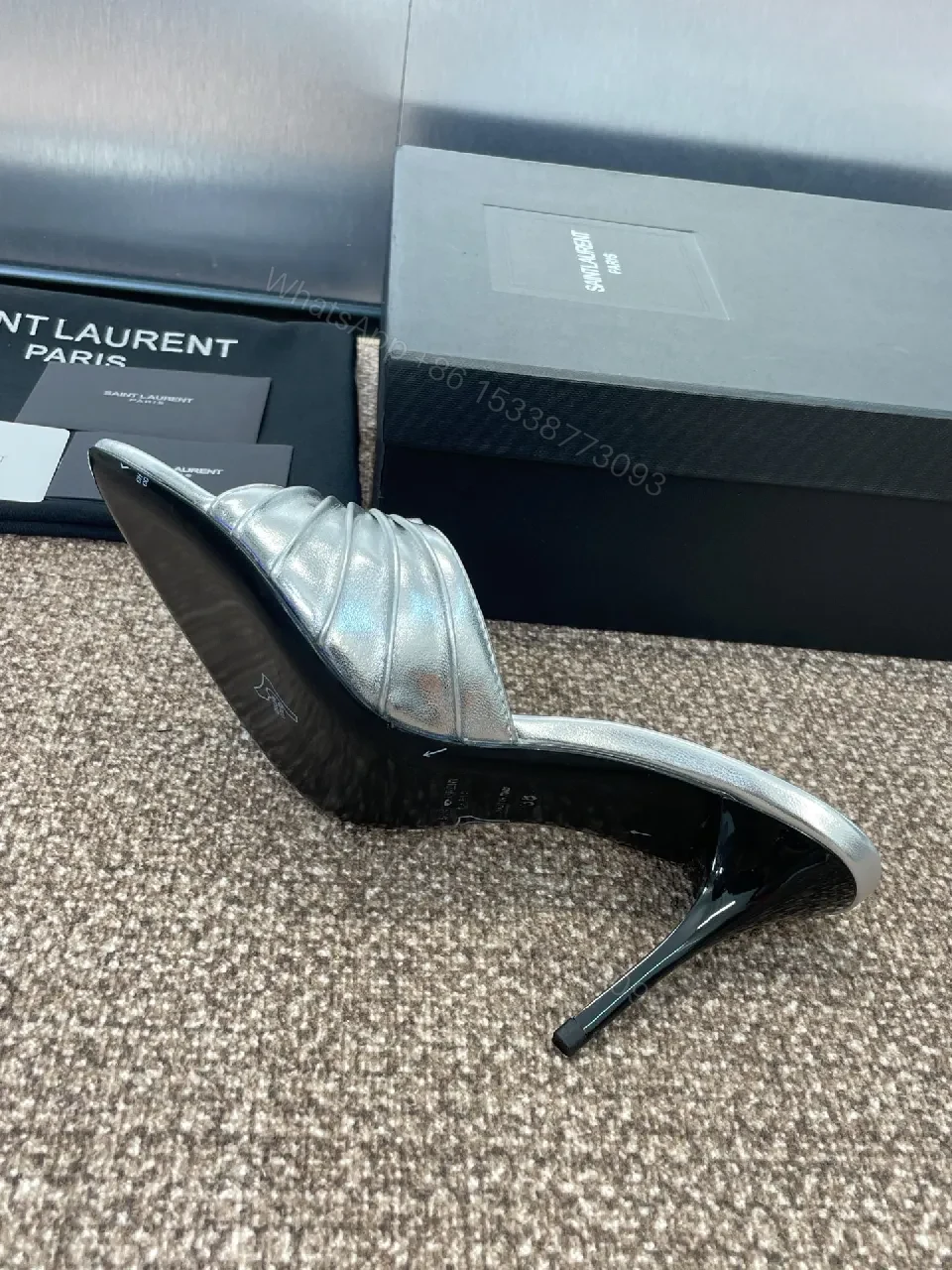 View 3 of Metallic Pointed-Toe Mule Heels with Signature Hardware Realized