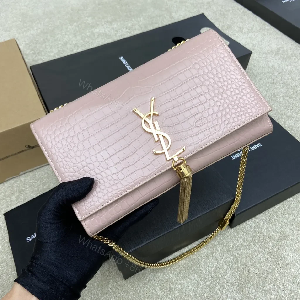 View 9 of Soft Pink Croc Leather Clutch with Gold Hardware