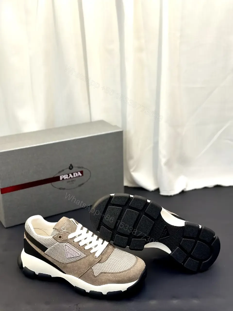 View 10 of Beige Mesh & Suede Sneakers, Chunky Sole, Prada Style