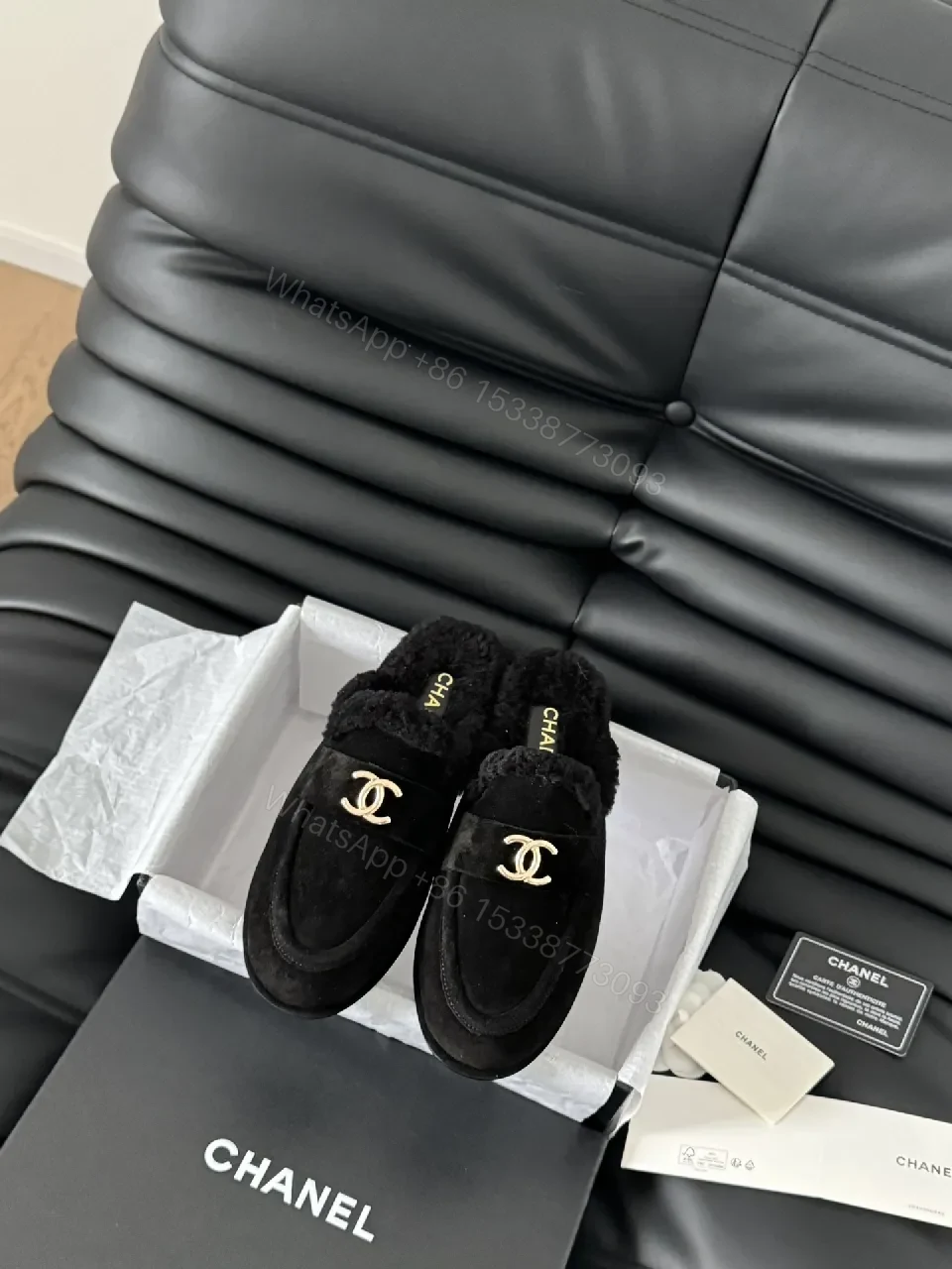 Black Velvet Mules with Gold Hardware, Luxe Comfort, Chanel-Inspired — view 1