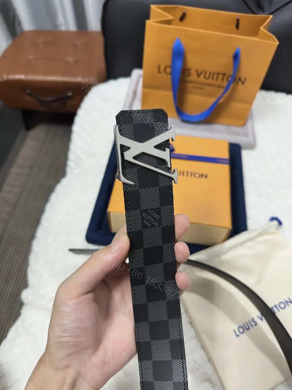 View 9 of Checkerboard Leather Belt with Signature Buckle — Modern Luxury Belt