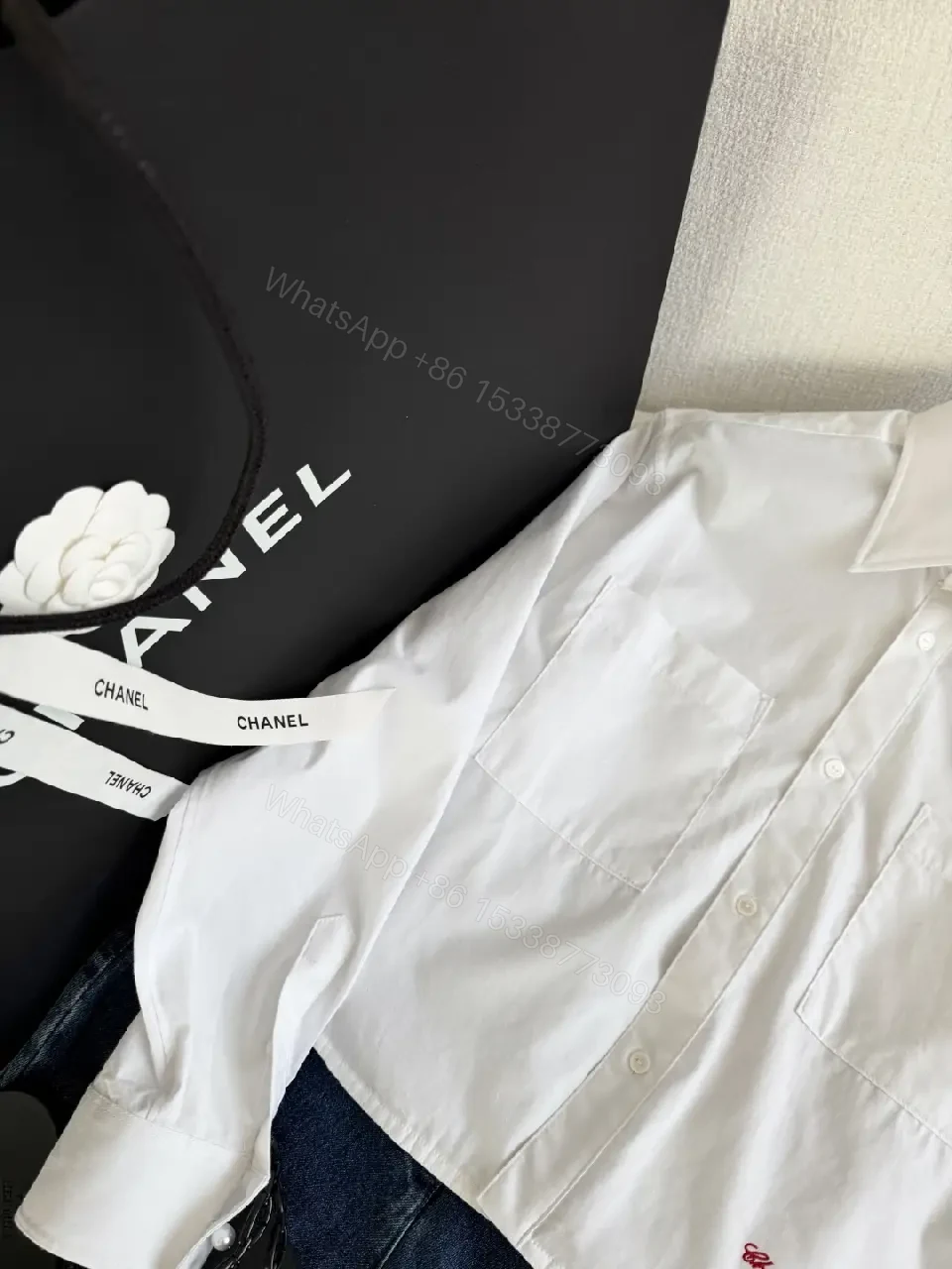 View 3 of White Cotton Shirt Cropped Style with Red Embroidered Chanel Lettering Shirt