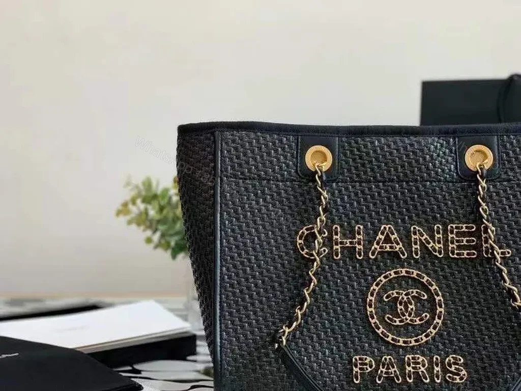View 3 of Structured Black Caviar Tote: Chain-Accent, CHANEL-Inspired Luxury Tote