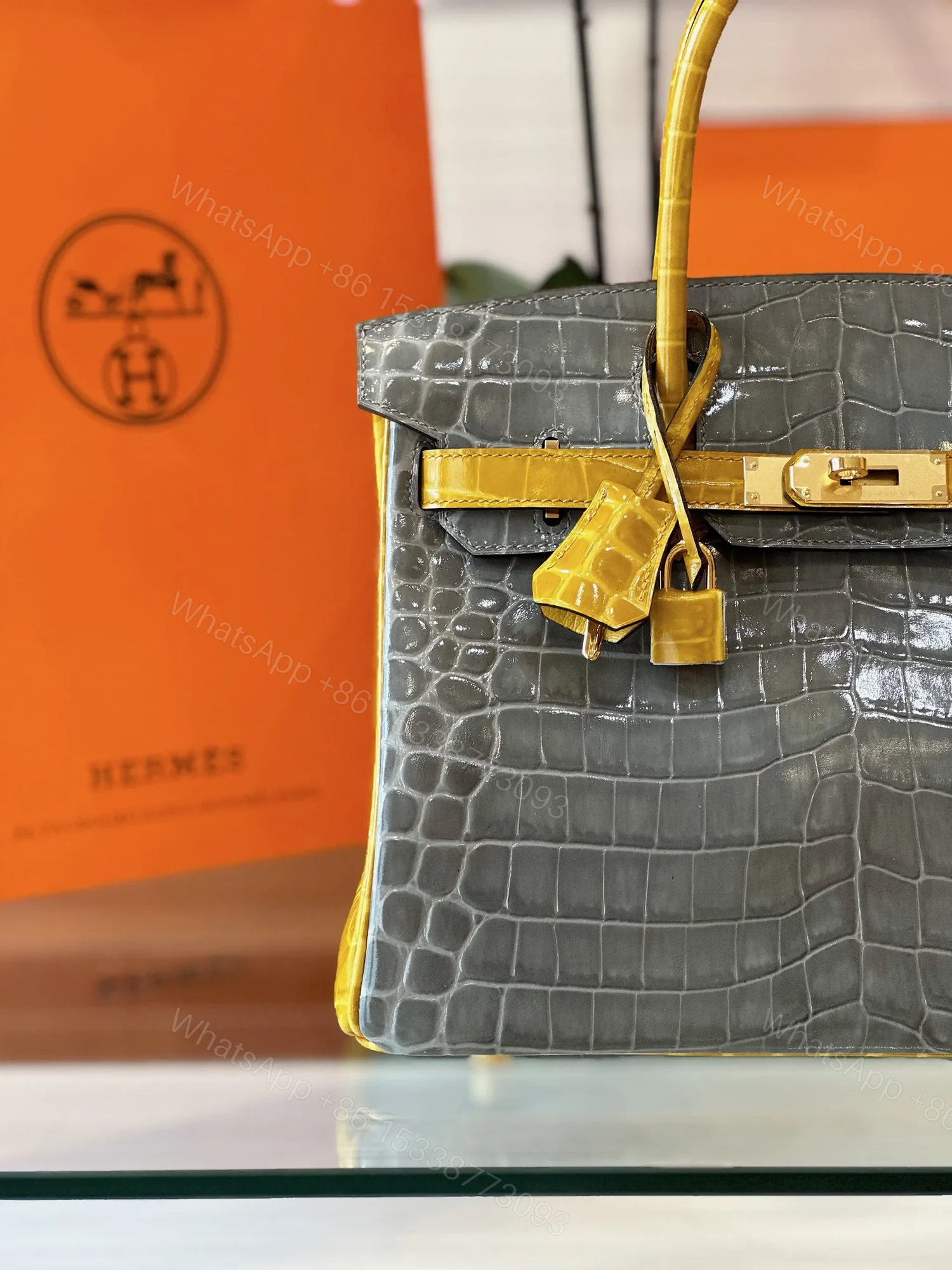 View 4 of HN 30 Gray/Gold Genuine Crocodile Leather Gold Hardware – Custom Made
