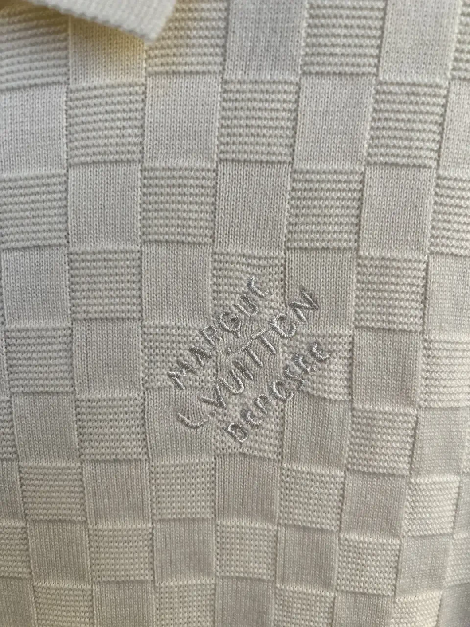 View 8 of Off-White Cream Polo Shirt, Subtle Grid Pattern, 3-Button Placket