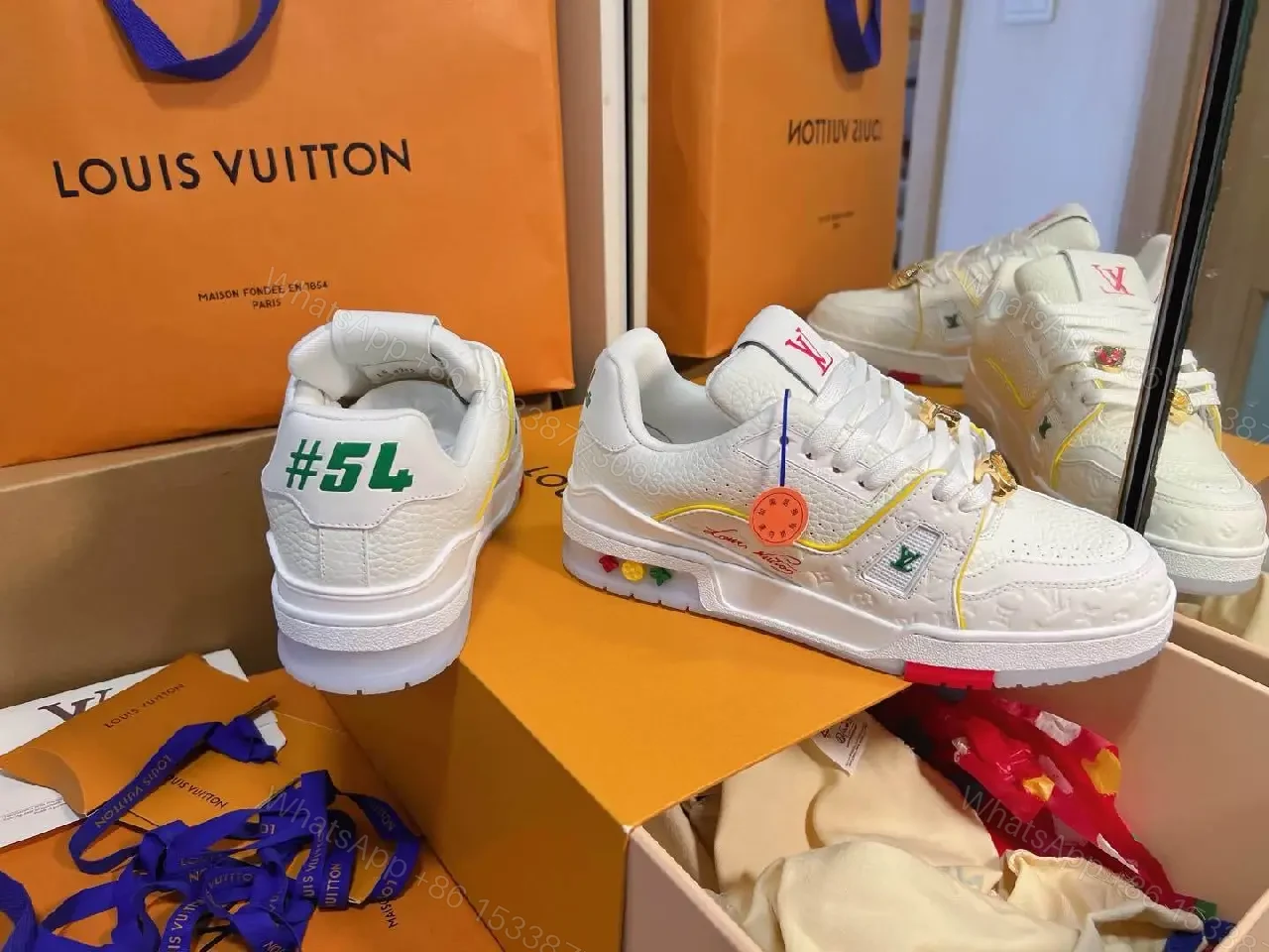 View 5 of Bright Neon Accents Premium White Leather High-Tops