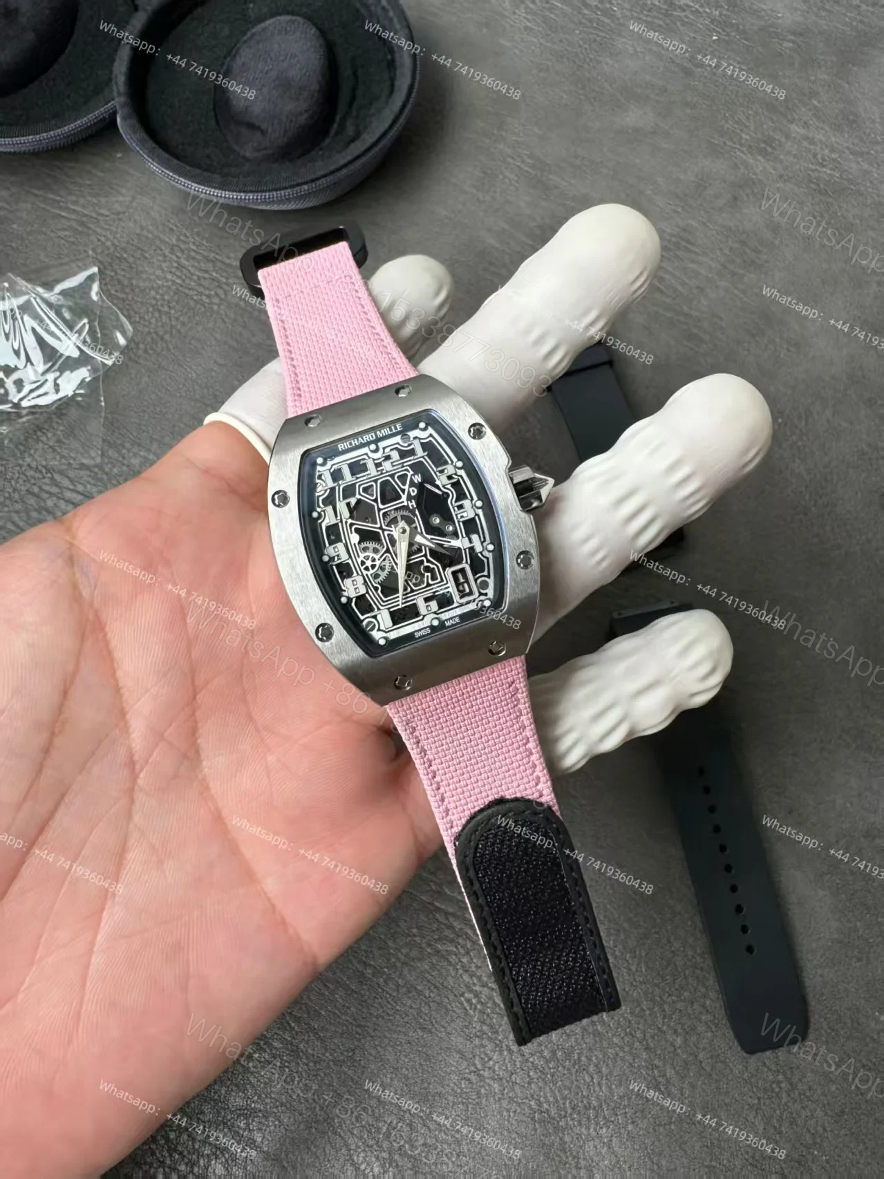 View 3 of Super Clone Richard Mille RM 67-01 Titanium Skeleton Pink Velcro Strap