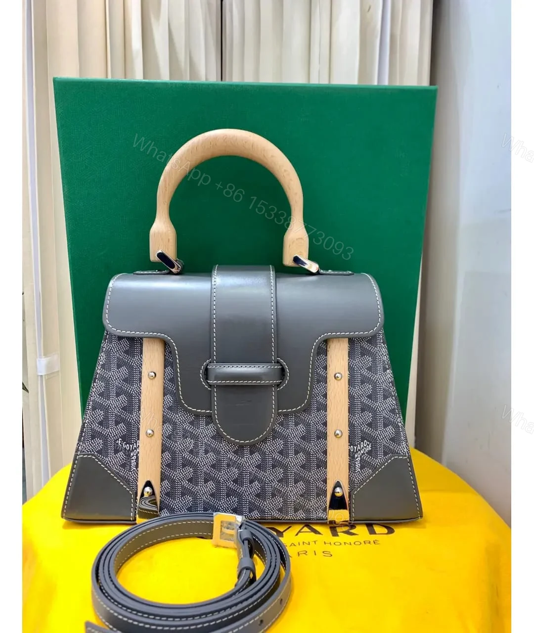 View 4 of Goyard Goyardine Saigon Grey Big PM Top Wooden Handle Bag First Copy | AAA+ Replica