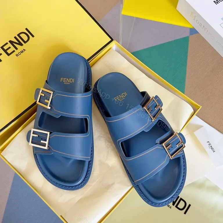 View 8 of Sky-Blue Fendi Leather Slide with Architectural Straps