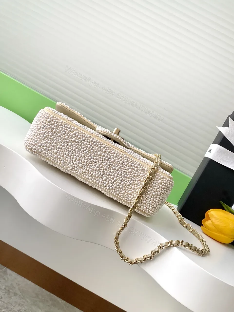 View 3 of Pearl-Embellished Flap Bag: Lux Metallic Couture Style Bag