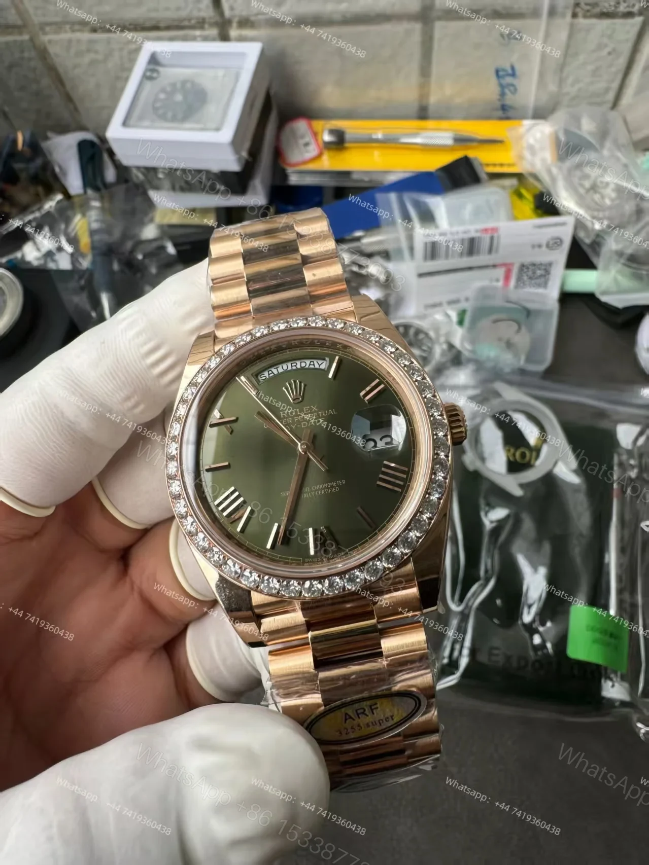 View 10 of Rolex Day-Date M228345RBR-0011 1:1 Replica Olive Green Dial Moissanite Bezel 40MM 3255 Movement Presidential Bracelet Super Clone Watch