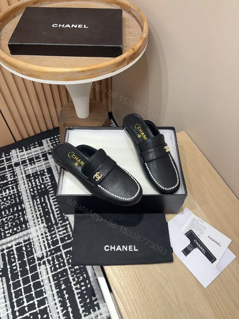 View 3 of Pearl-Trim Leather Mules – Black, Gold Hardware, Luxury Style