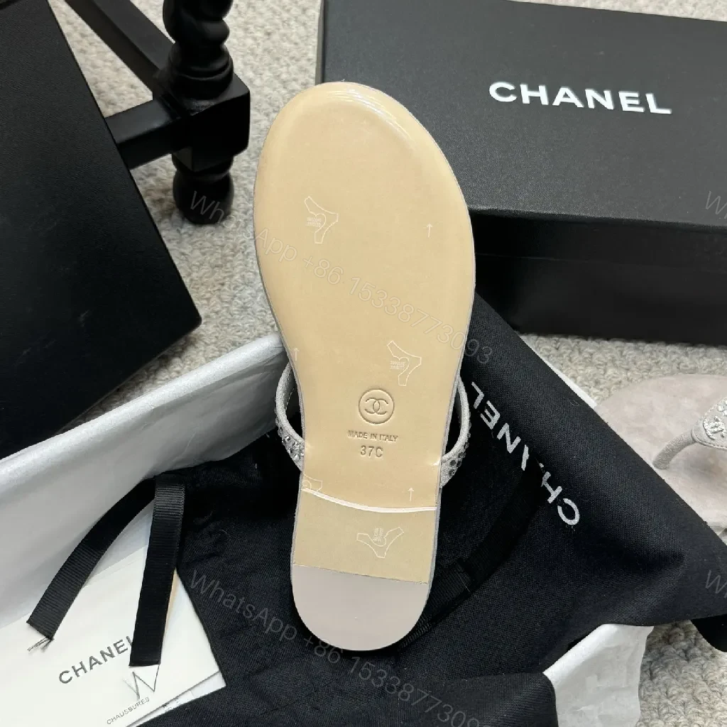 View 6 of Sand Beige Crystal-Embellished Chanel-Style Flip-Flops - All-Day Glam