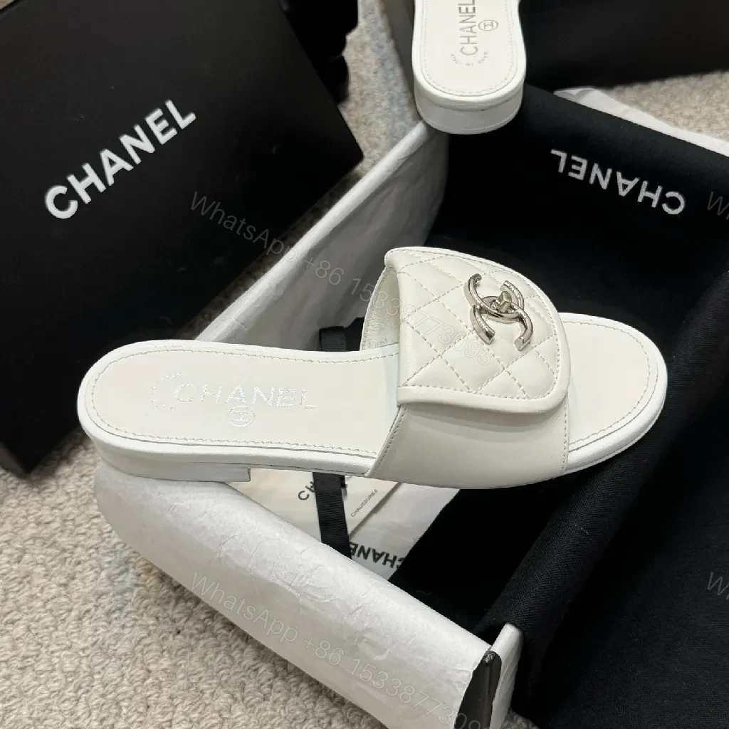 View 5 of Quilted White Leather Slides with Logo Detail, Open-Toe Slide, Luxury Comfort