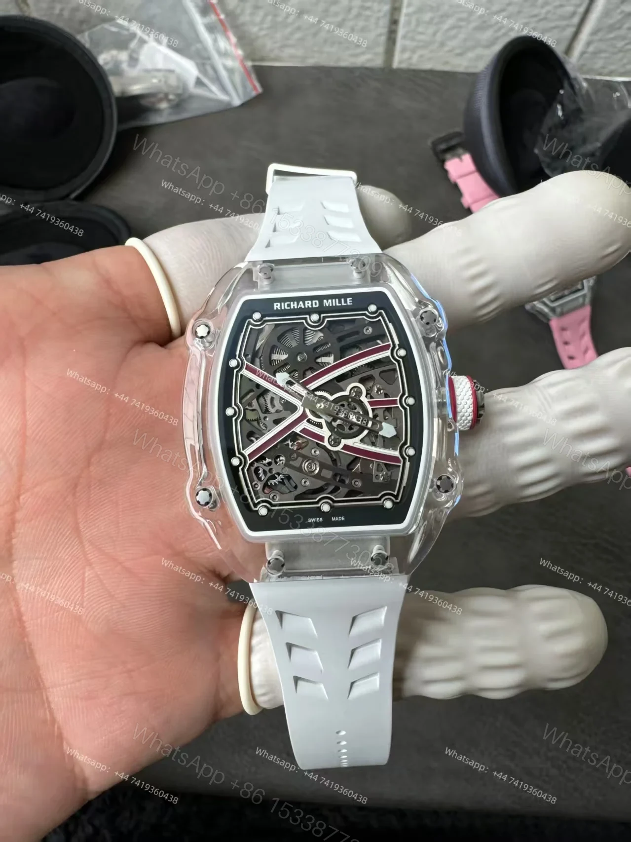 View 3 of Super Clone Richard Mille RM67-02 Sapphire Crystal Skeleton Tourbillon 1:1 Replica Watch with White Rubber Strap