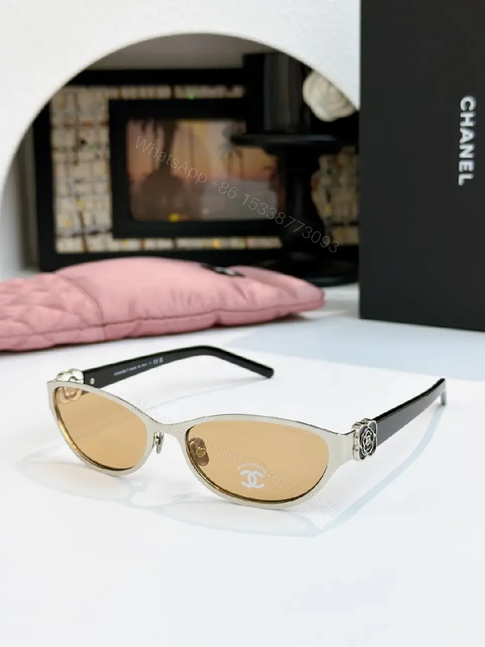 View 10 of Gold Cat-Eye Sunglasses with Chanel Logo Accents