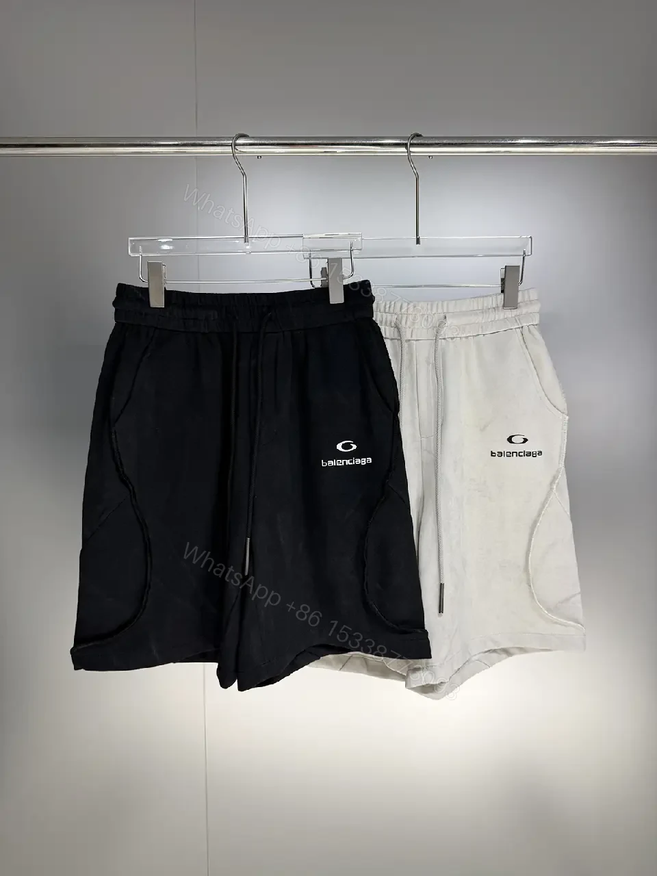 View 4 of Gray Cotton Shorts Modern Drawstring Balenciaga Logo Shorts