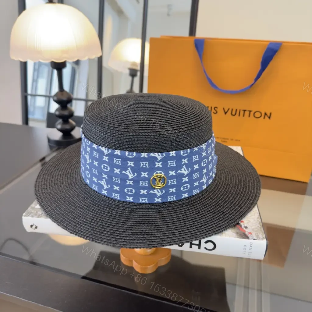 View 8 of Black Woven Hat with Blue Band and LV Charm | Wide Brim