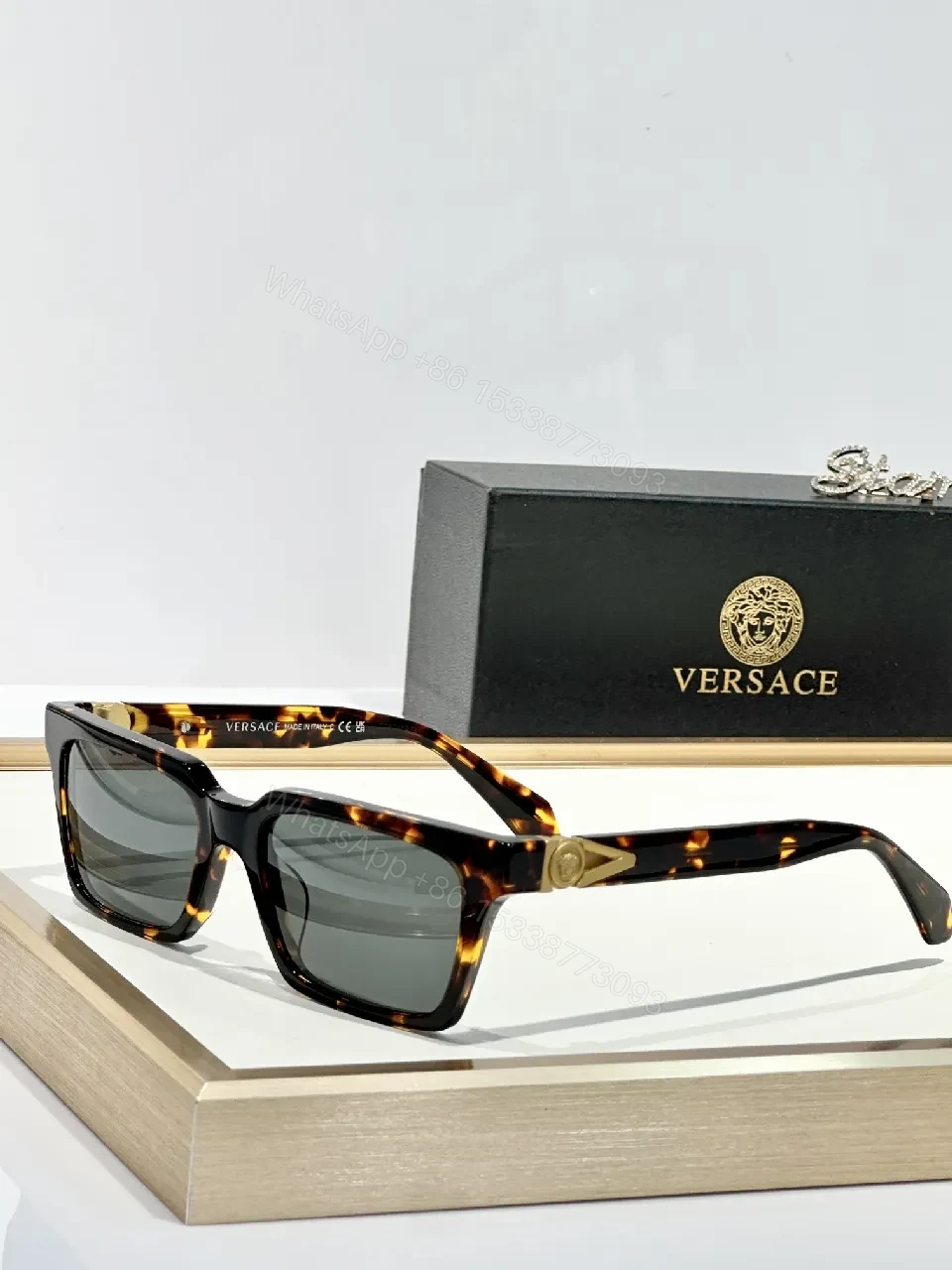 View 7 of Bold Black Acetate Sunglasses with Gold-Accent Hardware
