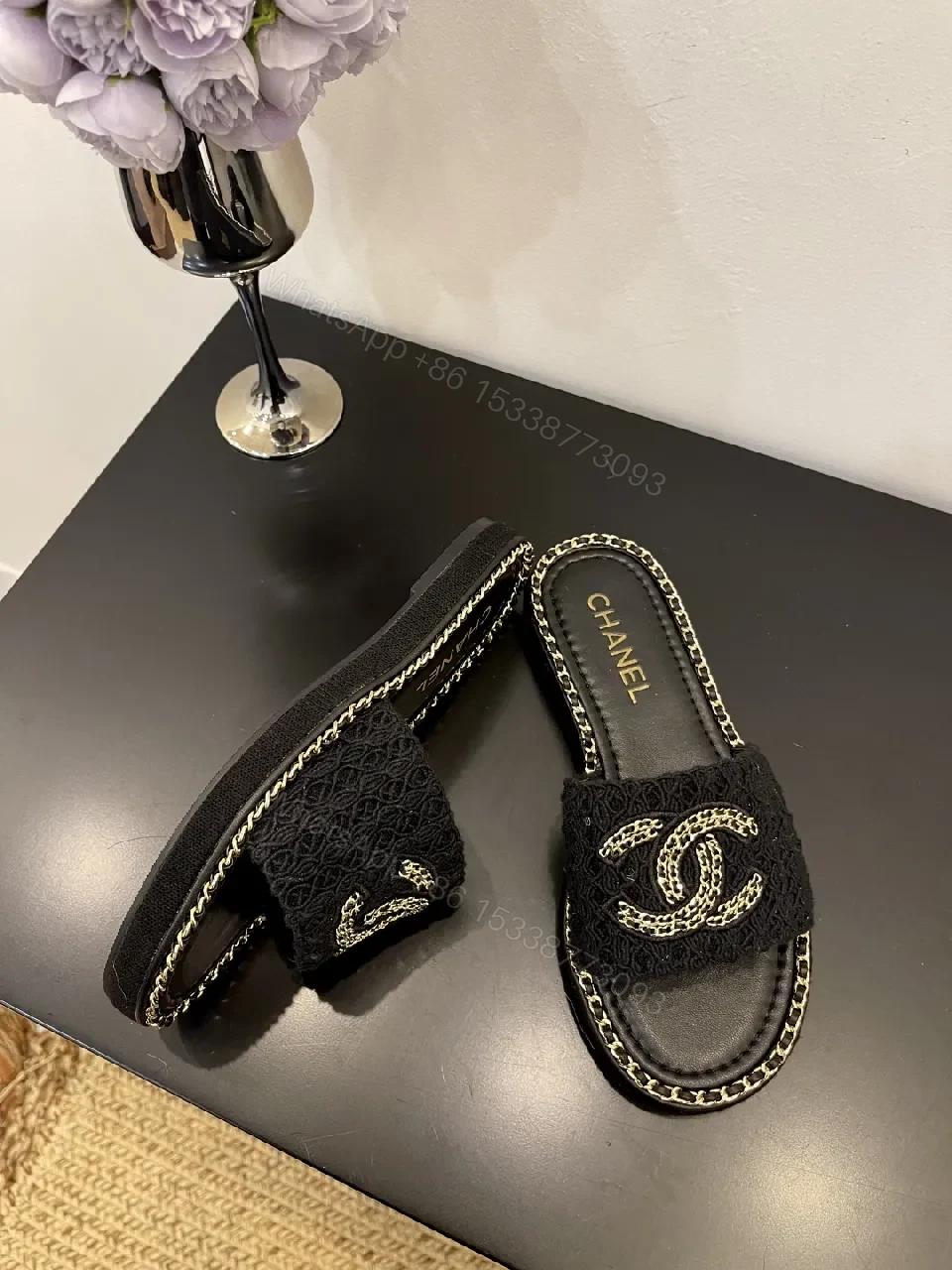 View 3 of Black Crochet Slide with Gold Chain Trim, Luxe Comfort