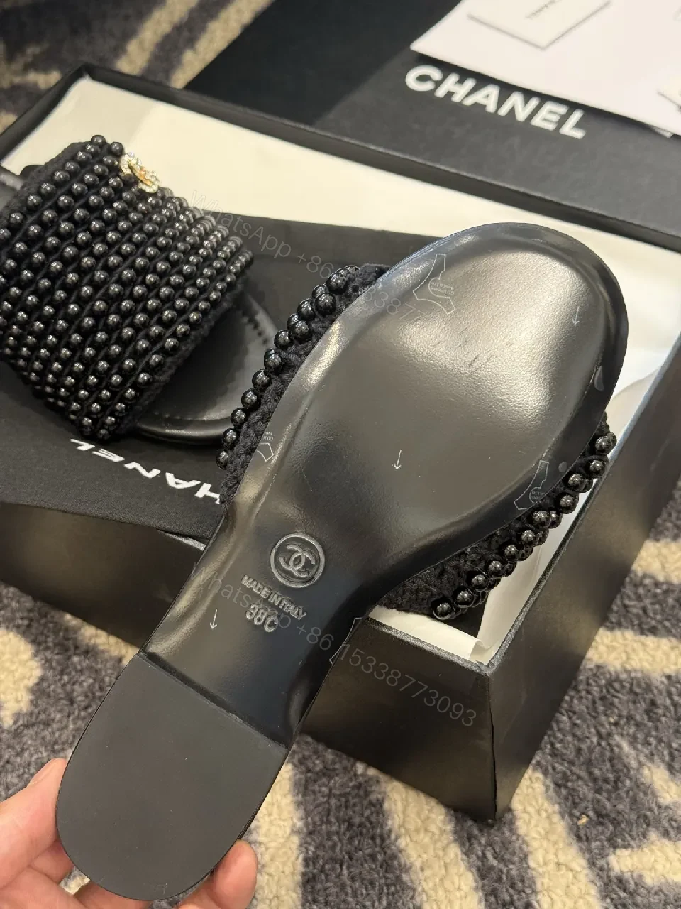 View 7 of Beaded Black Slide Sandals, Luxe-Beam, All-Day Comfort