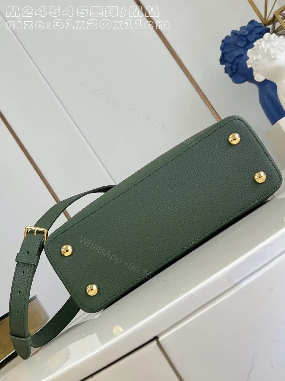 View 2 of Green Pebbled Satchel with Gold Hardware, Structured, Everyday Luxury Bag