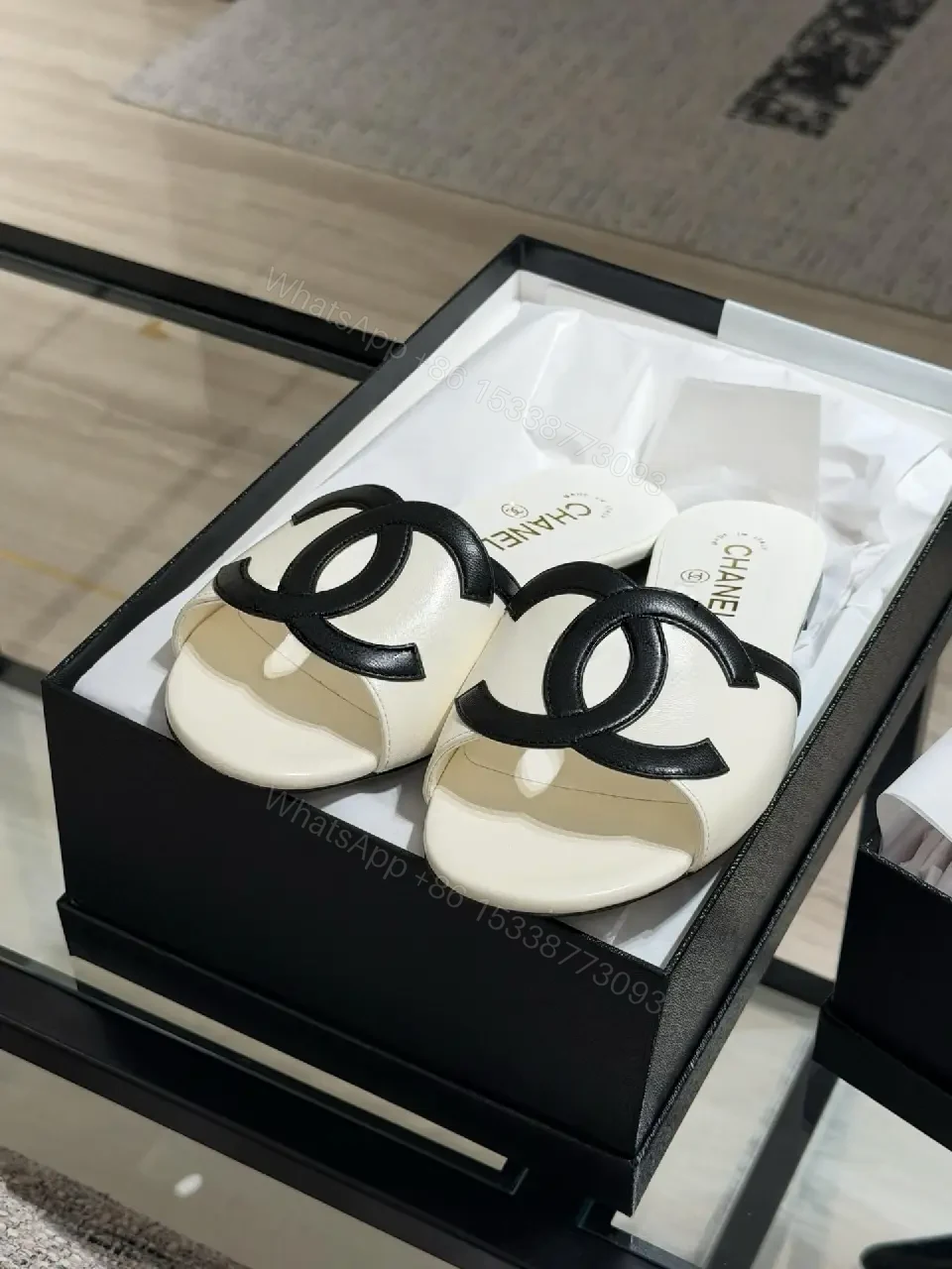 View 10 of Cream Leather Chanel-Style Slide Sandals