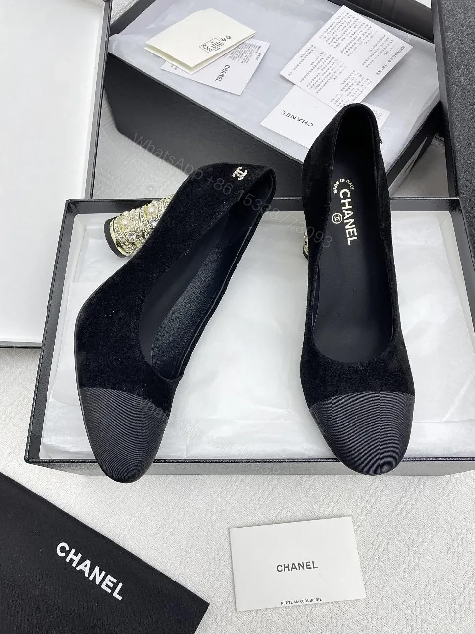 View 2 of Black Velvet Pumps + Velvet + Classic + Bead-embellished Heel + Pump