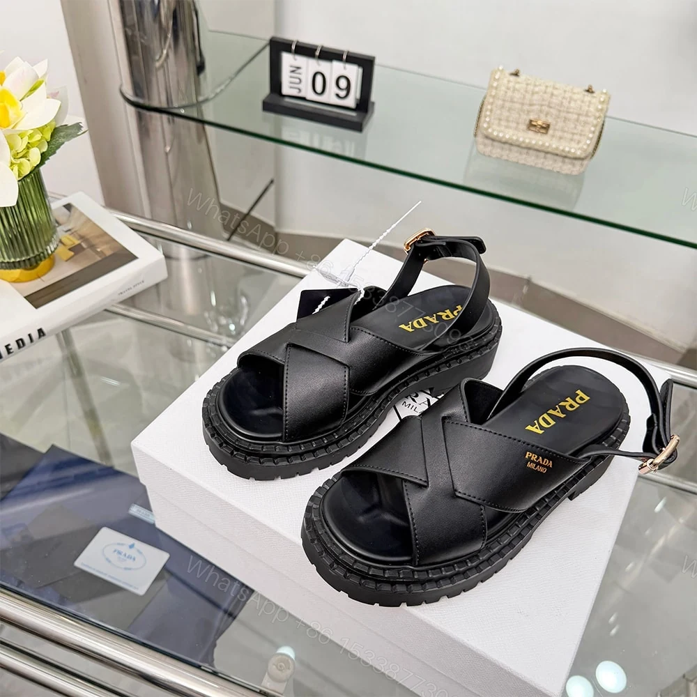View 3 of PRADA Crisscross Leather Sandals 914970