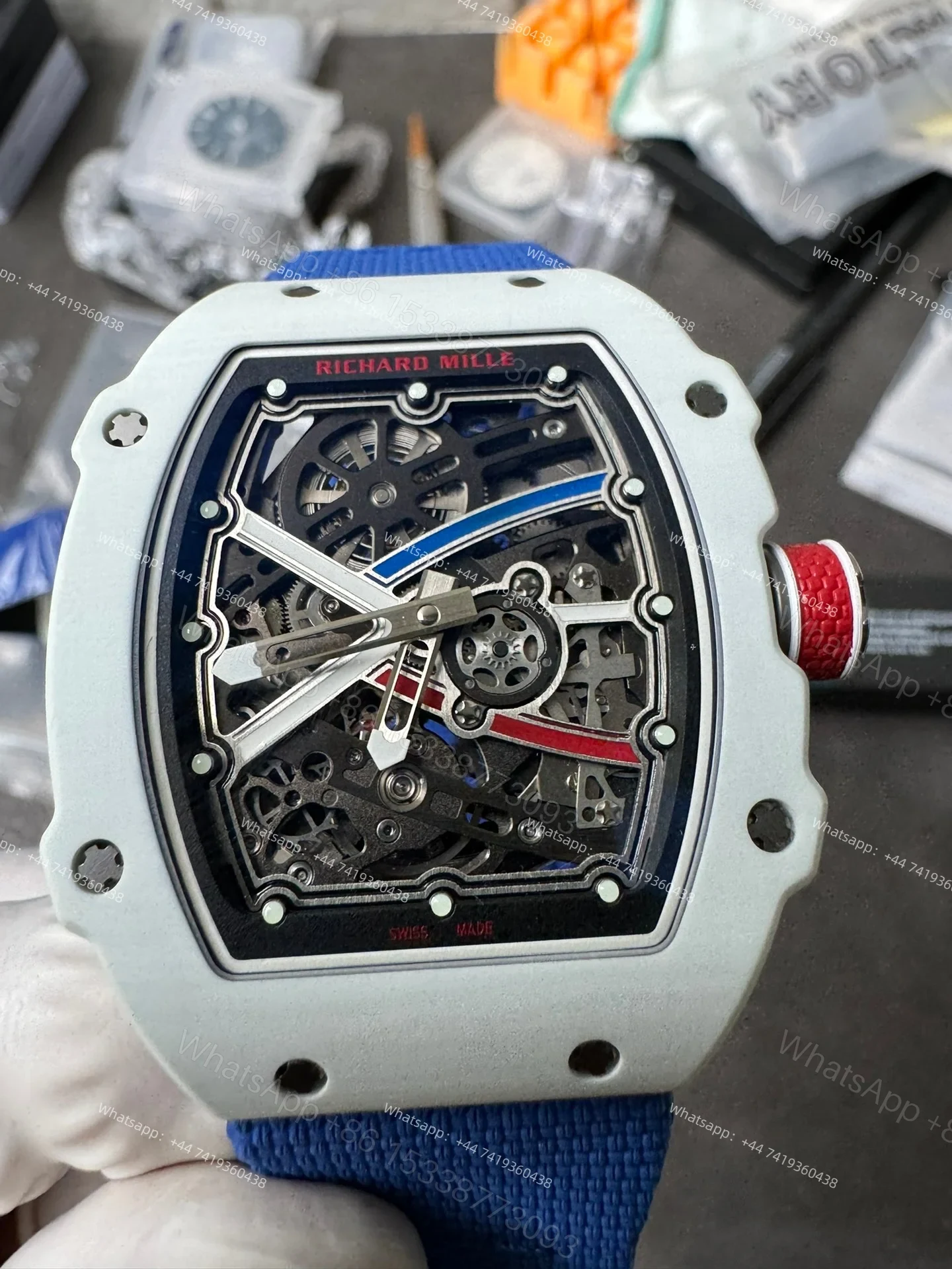 View 8 of Super Clone Richard Mille RM67-02 White Ceramic Skeleton Tourbillon 1:1 Replica Watch with Blue Strap