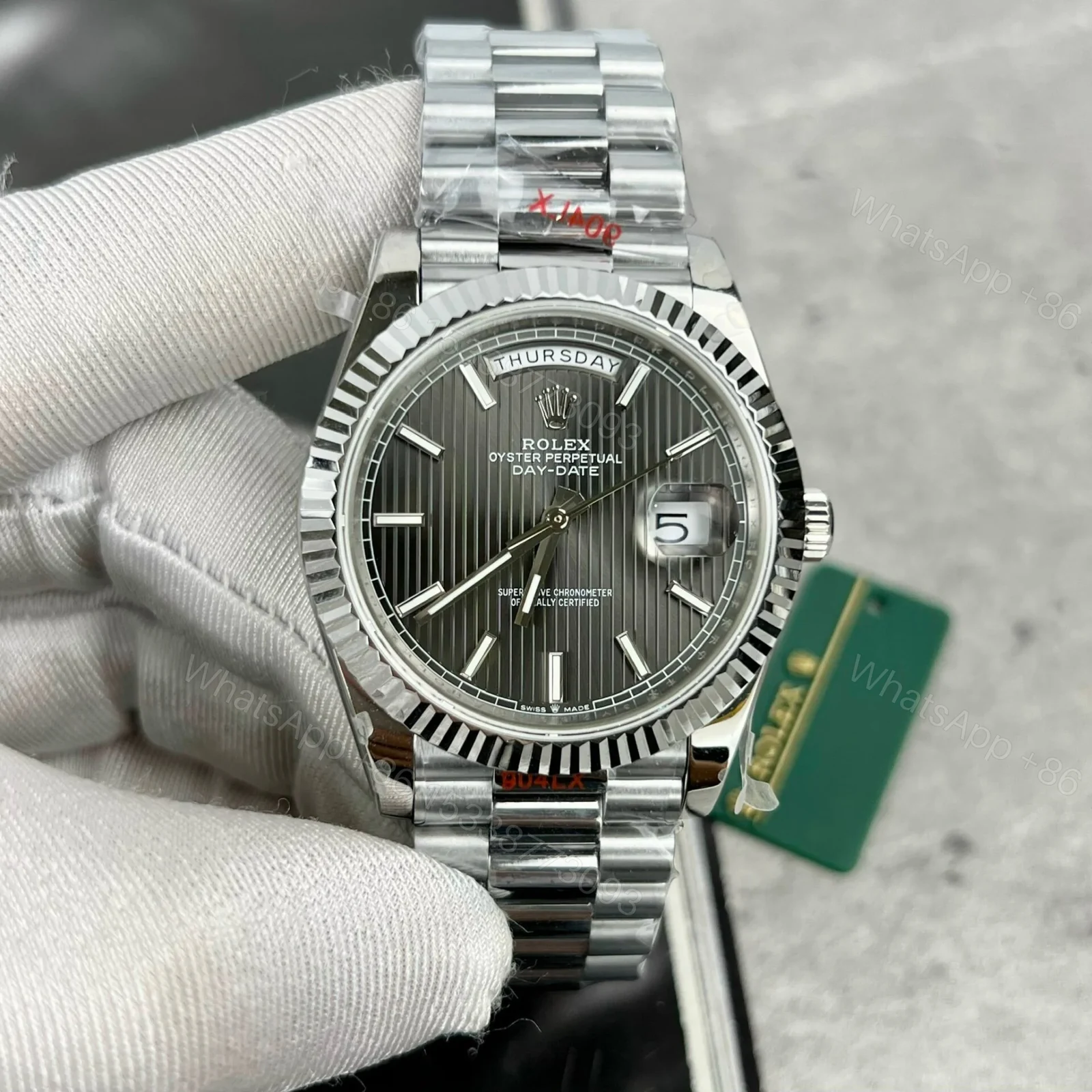 View 2 of Superclone Rolex Day-Date Grey Stick Tapestry Dial 228239-0002 40 mm