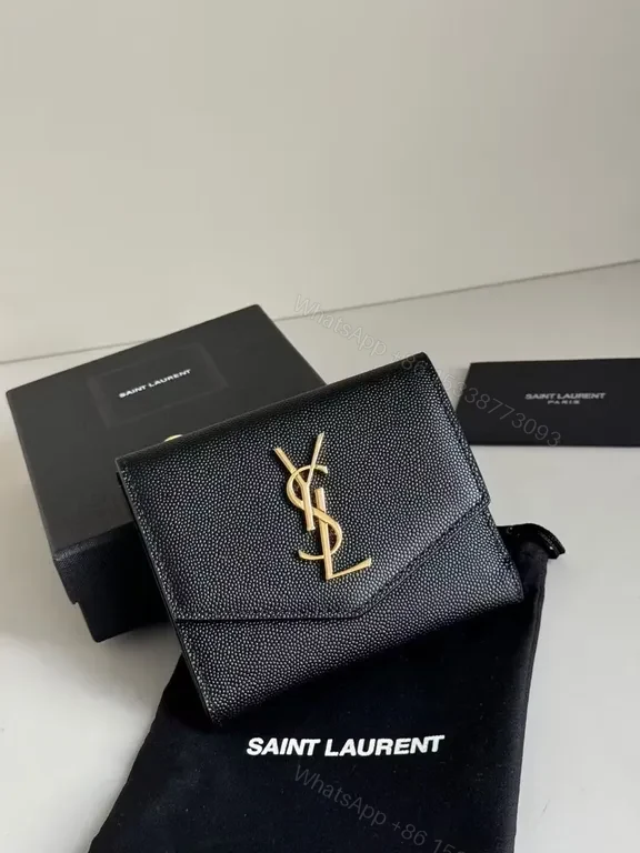 Compact Luxe Wallet On Chain: YSL Calfskin, Textured, Clutchable — view 1