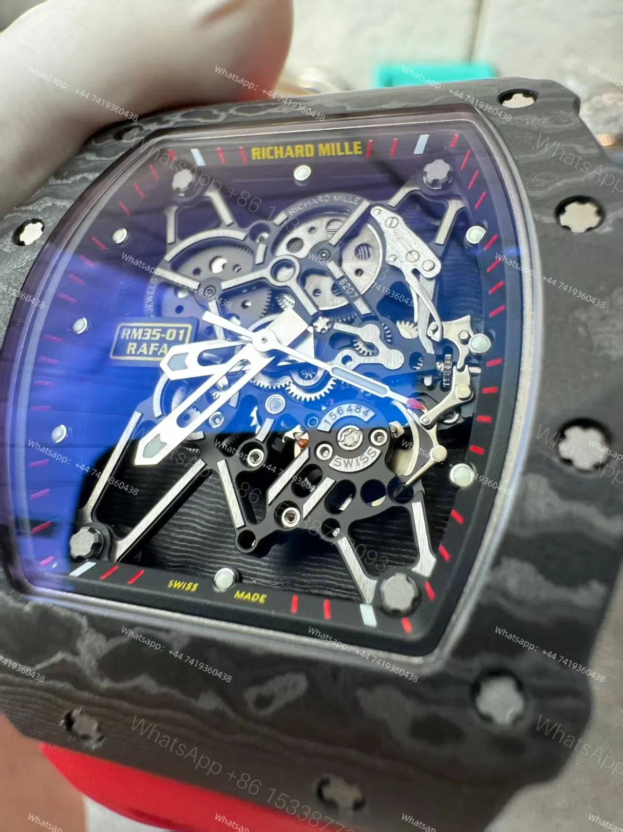 View 9 of Super Clone Richard Mille RM 35-01 Carbon TPT Skeleton Red Rubber Strap 1:1 Replica Watch