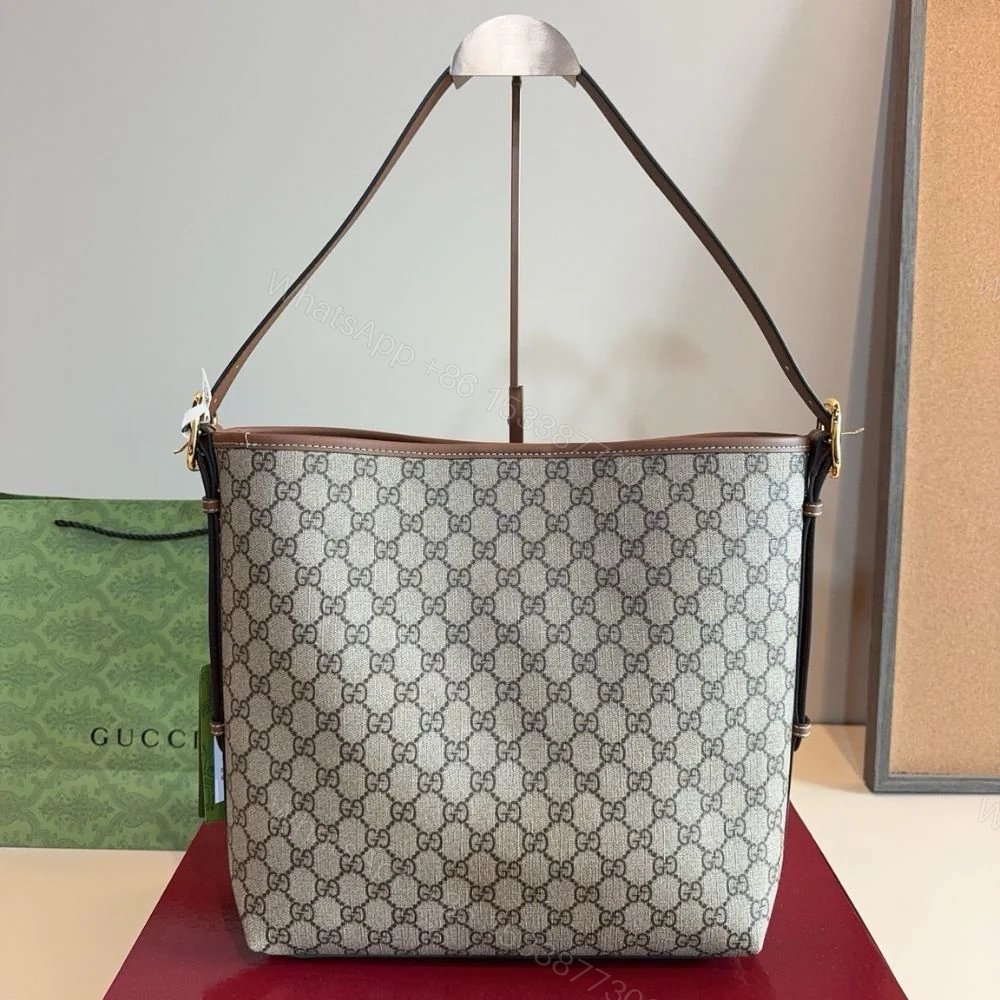 View 7 of Gucci GG Emblem Medium Bucket Bag Beige And Dark Brown Fabric 29Cm 815103 FAD6L 9758