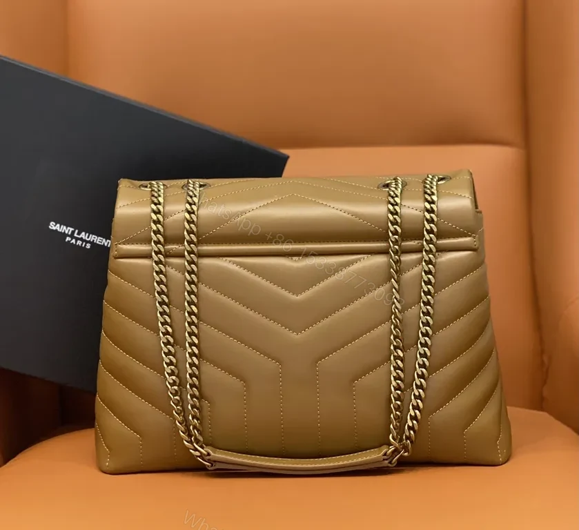 View 7 of Beige-Tan Calfskin Chevron Envelope Bag with Gold YSL Hardware