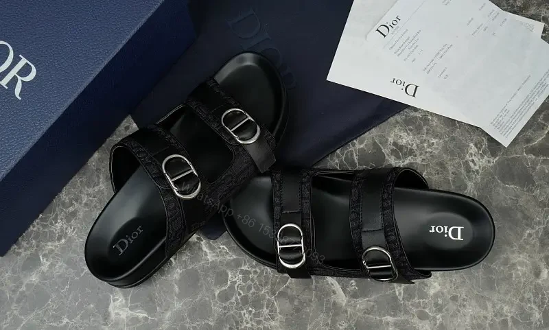 Black Leather Sandals, Mule Style, Buckle Straps, Dior Type Product — view 1
