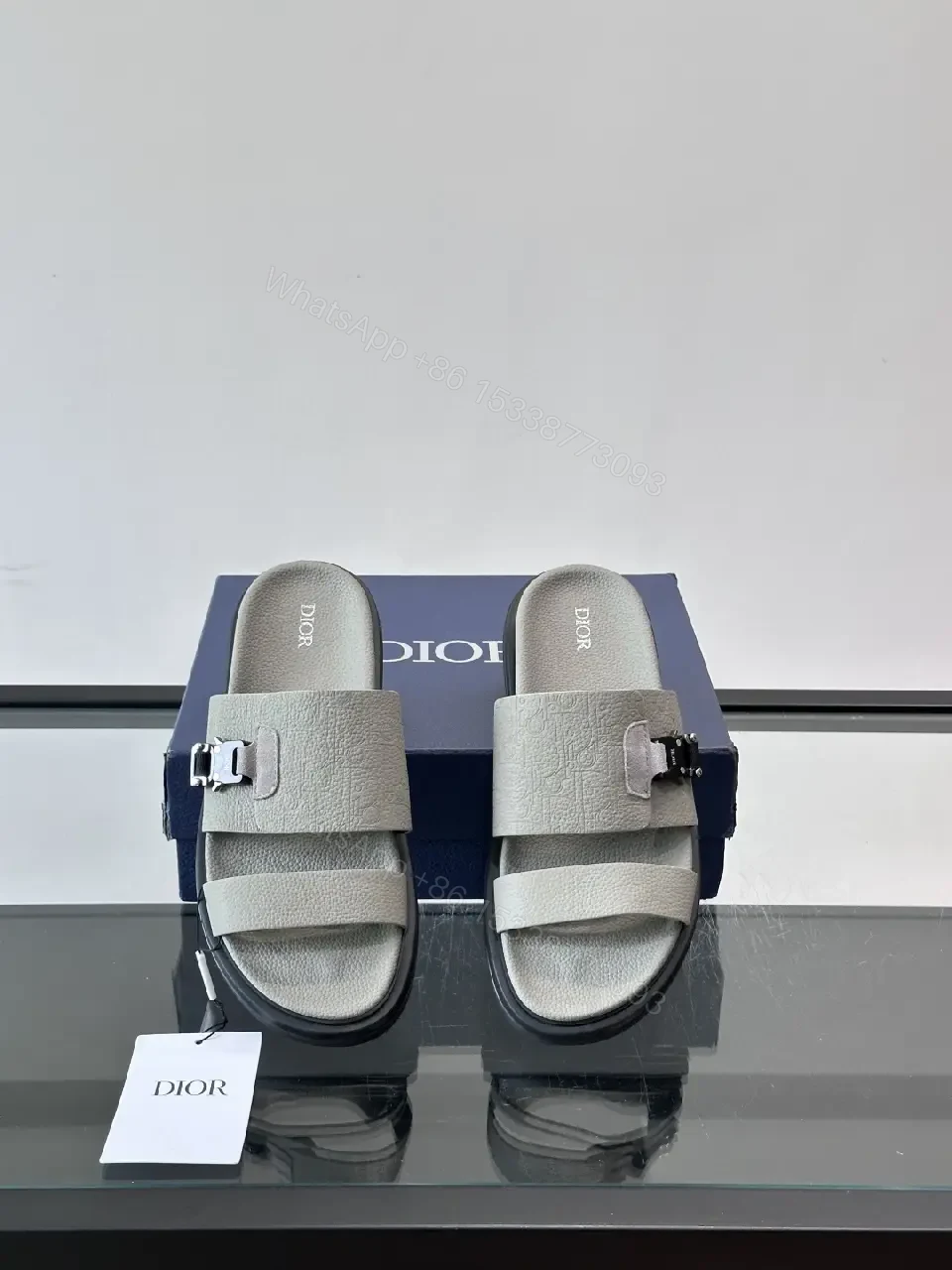 View 6 of Gray Leather Slides Buckle Feature Dior Sandals