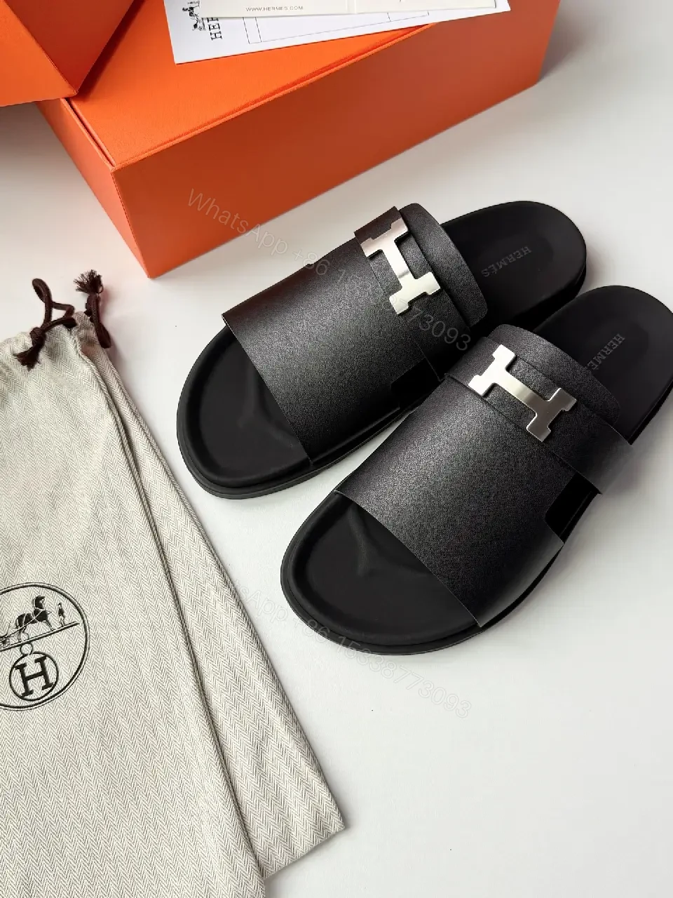 View 3 of Black Leather Slide Metal Buckle Modern Comfort Fit Sandals