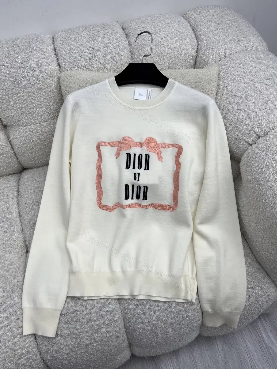 View 8 of cream cotton knit sweater with pink framed monogram print luxury casualwear