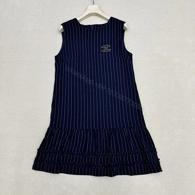 Navy Pinstripe Cotton A-Line Dress with Chanel Logo Key Feature — view 1
