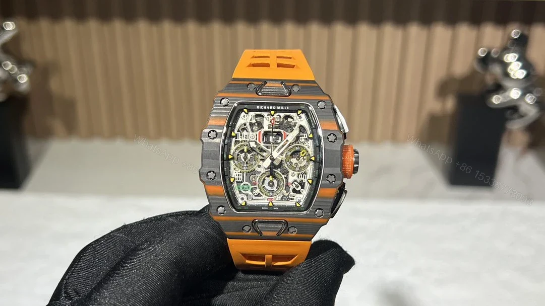 View 3 of Replica Richard Mille RM 11-03 McLaren Carbon Fiber Skeleton Chronograph Orange Rubber Strap
