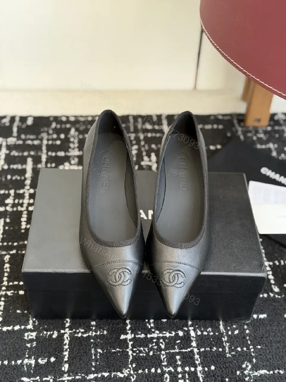 View 6 of Black Leather Pointed-Toe Pumps Chanel Logo Pumps