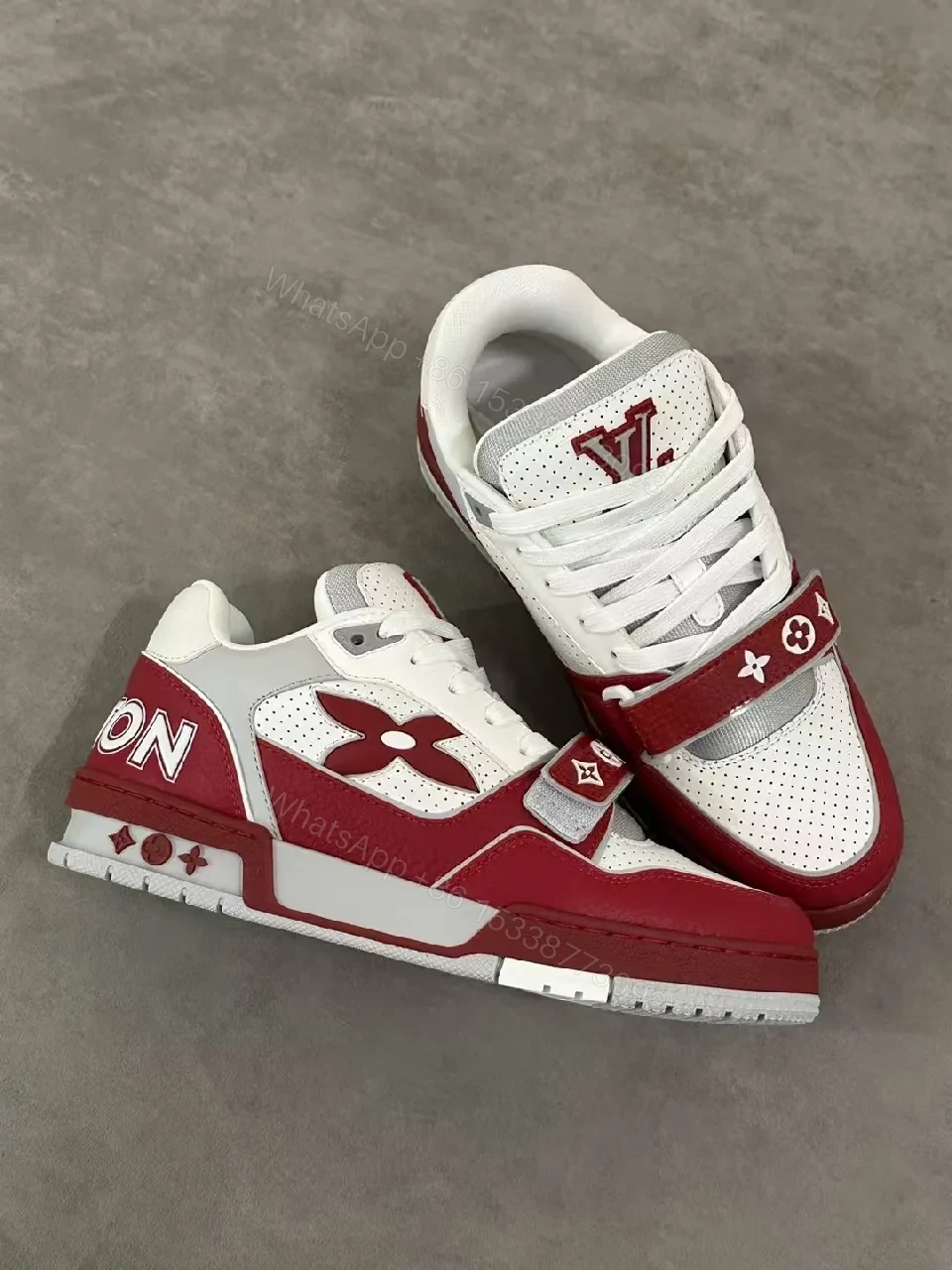 View 6 of Bold White & Burgundy Leather Trainer with LV-Style Details