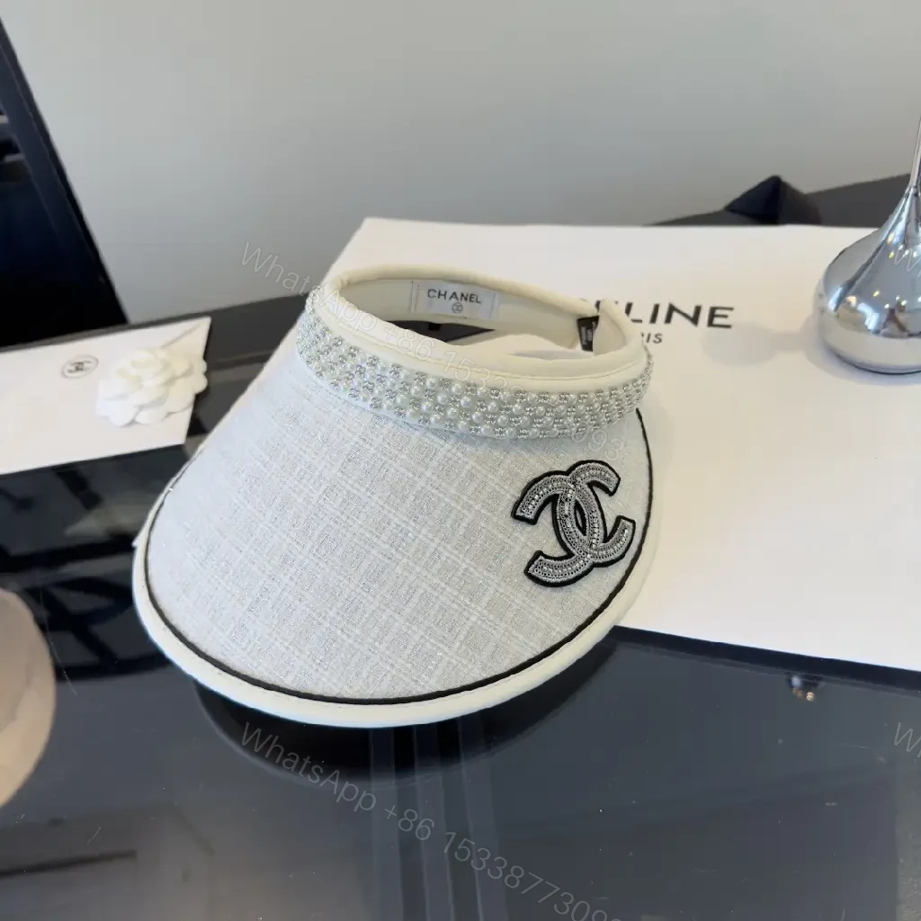 View 9 of Light Gray Linen Visor Cap with Rhinestone Collar and Chanel Logo