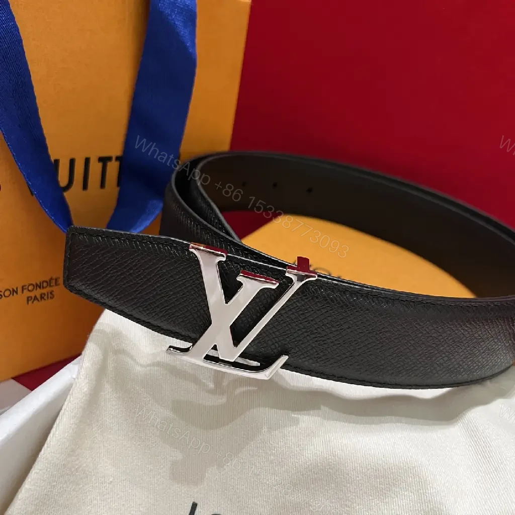 View 3 of Black Leather Belt with Silver LV Logo Buckle, Classic Pebbled Texture